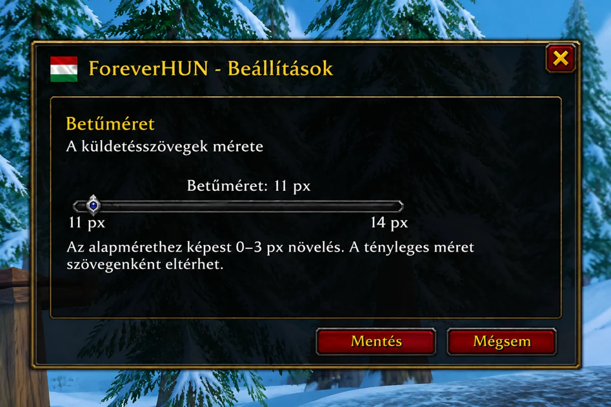 ForeverHUN beállítási ablak az állítható betűméret csúszkájával